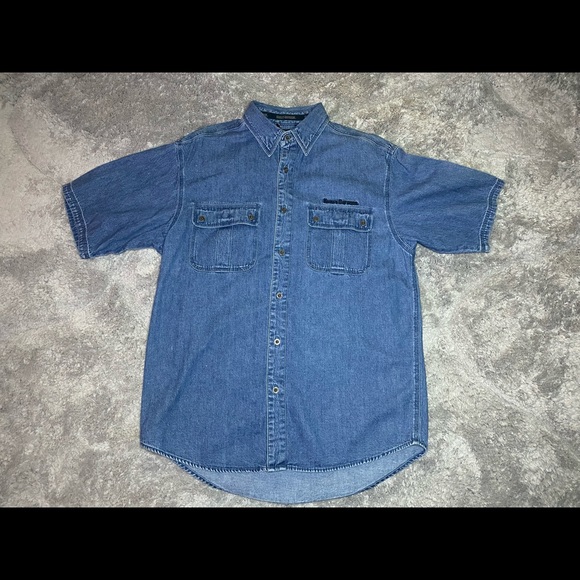🏍🏍🏍Mens Medium Harley Davidson Denim Short Sleeve Button Up Shirt - Picture 2 of 12